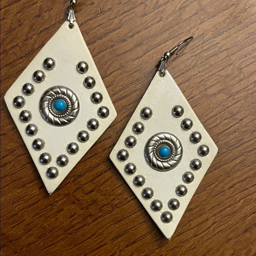 Geometric Leather Earrings with Turquoise Accent - Picture 1 of 4